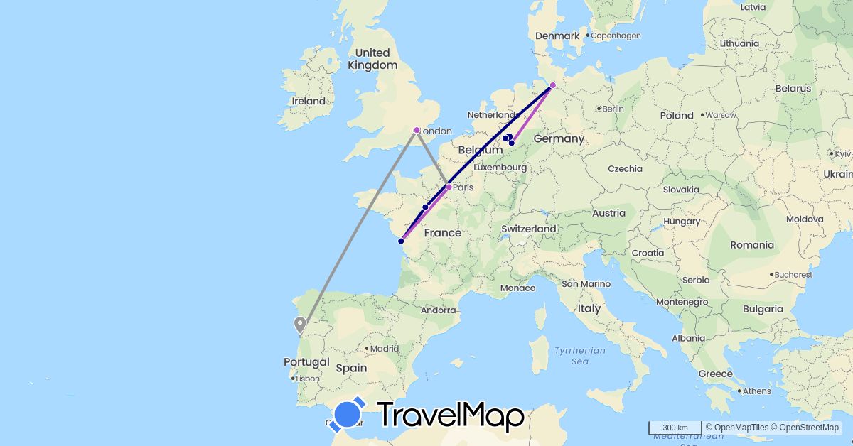 TravelMap itinerary: driving, plane, train in Germany, France, United Kingdom, Portugal (Europe)
